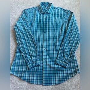 Kenneth Cole Dress Shirt Mens Blue Gray Plaid Non Iron Slim Fit Long Sleeve